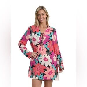La Blanca In Full Bloom Lace Up V-Neck Tunic